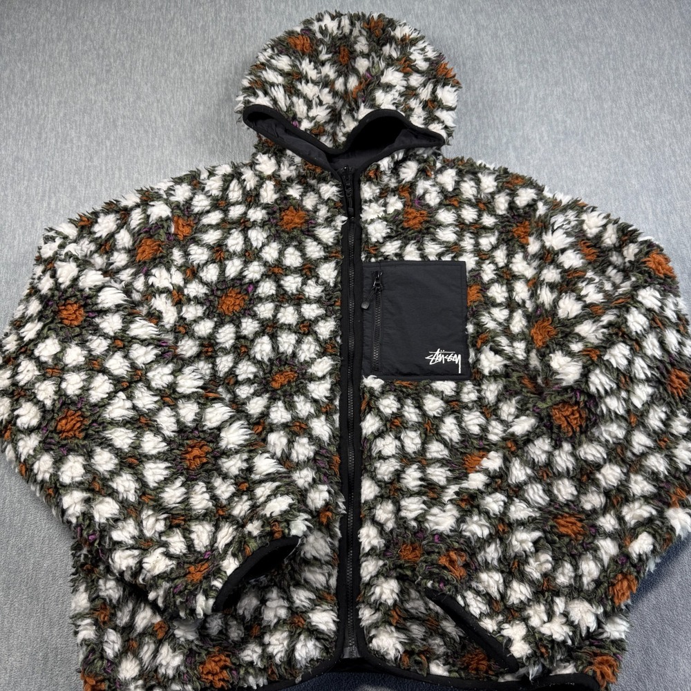 Stussy Jacket Mens XL Bone Black Floral Sherpa Hooded Reversible Full Zip Fleece
